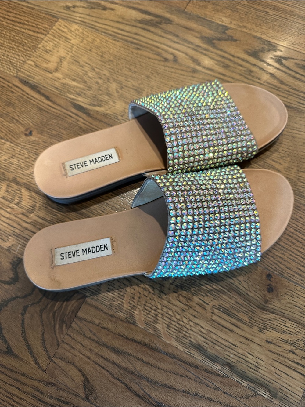 Steve Madden Iridescent Crystal Slide Sandals - Nude/Tan Footbed